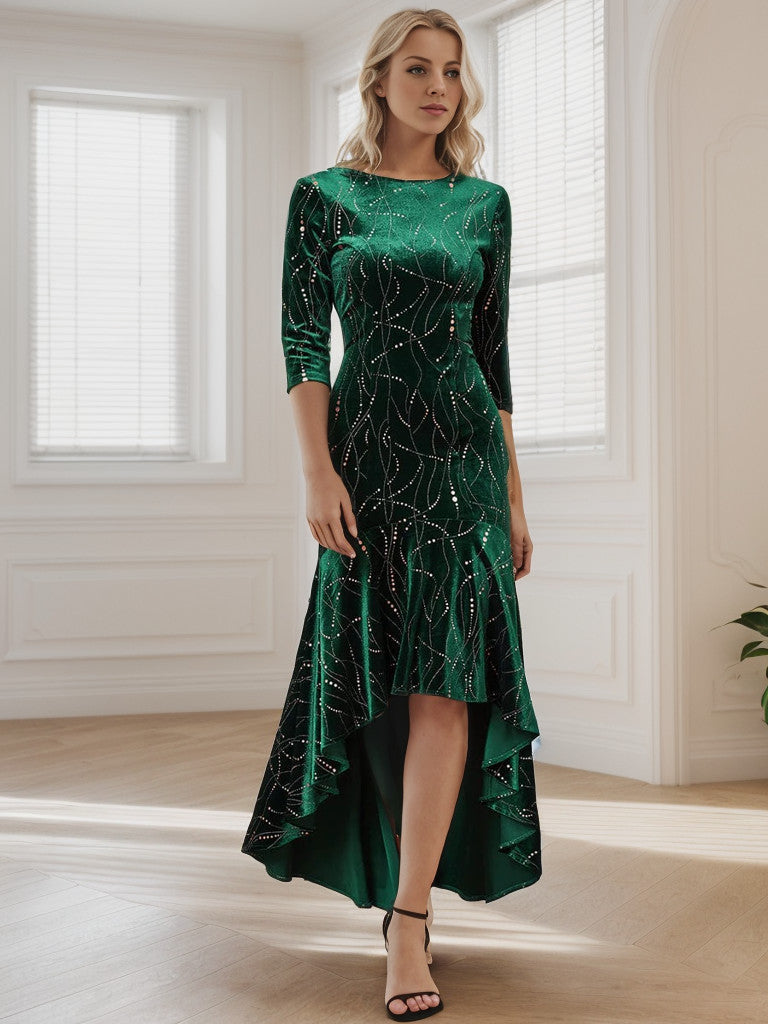 Weitese Women's Stylish Bodycon High-Low Velvet Party Dress